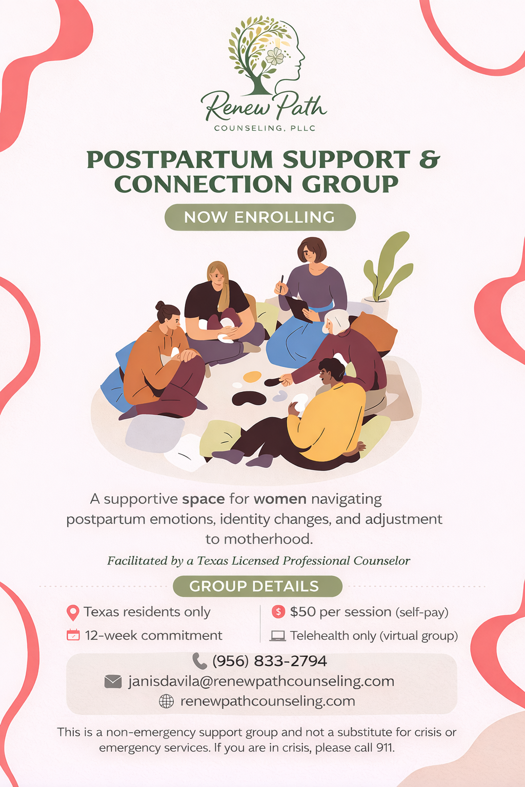 Flyer for postpartum support and connection group by Renew Path Counseling, PLLC, featuring an illustration of women sitting in a circle and talking, with details about the program, eligibility, cost, contact info, and notes on support group limitations.