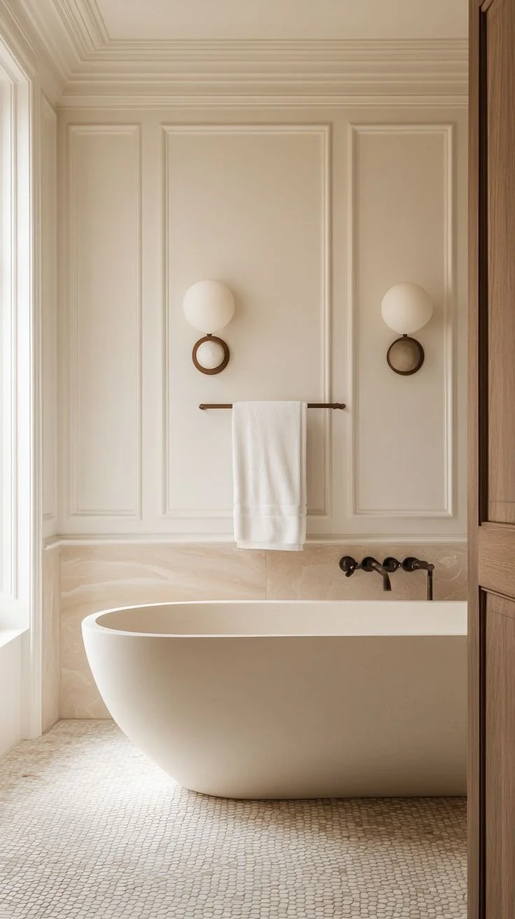 Modern bathroom with a freestanding bathtub, wall-mounted faucet, white towel hanging on a rod, two decorative wall lamps, and cream-colored tiles with intricate mosaic flooring.