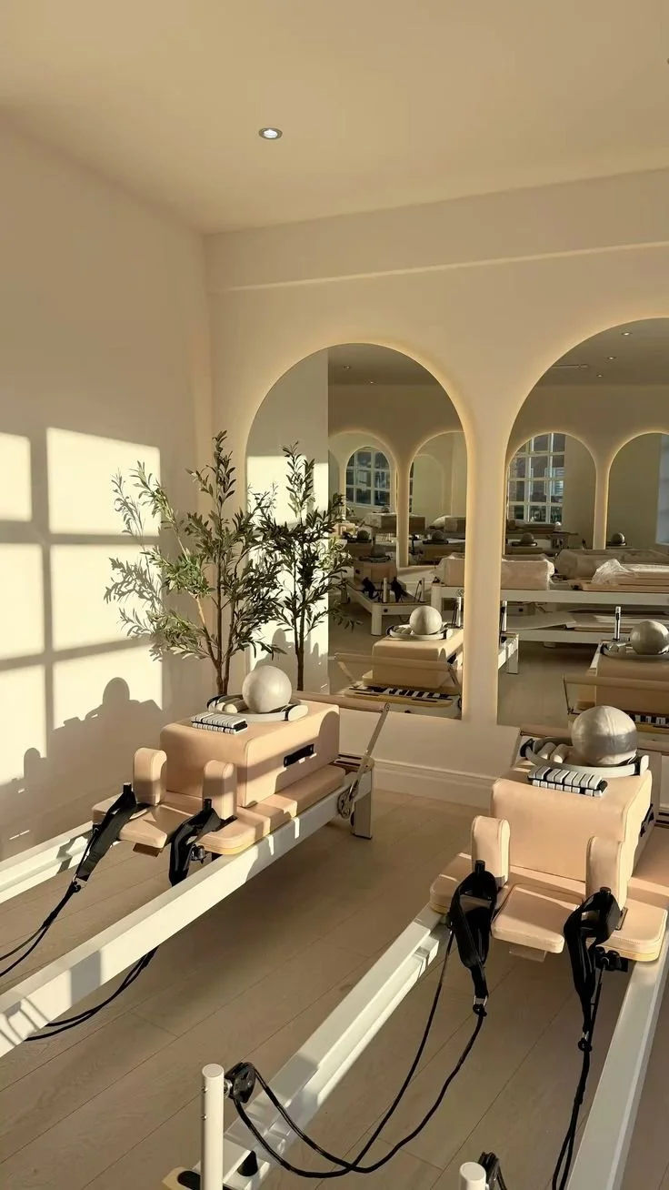 Sunlight casts shadows through window on a Pilates reformer machine in a bright, modern studio with a large mirror and decorative plants.