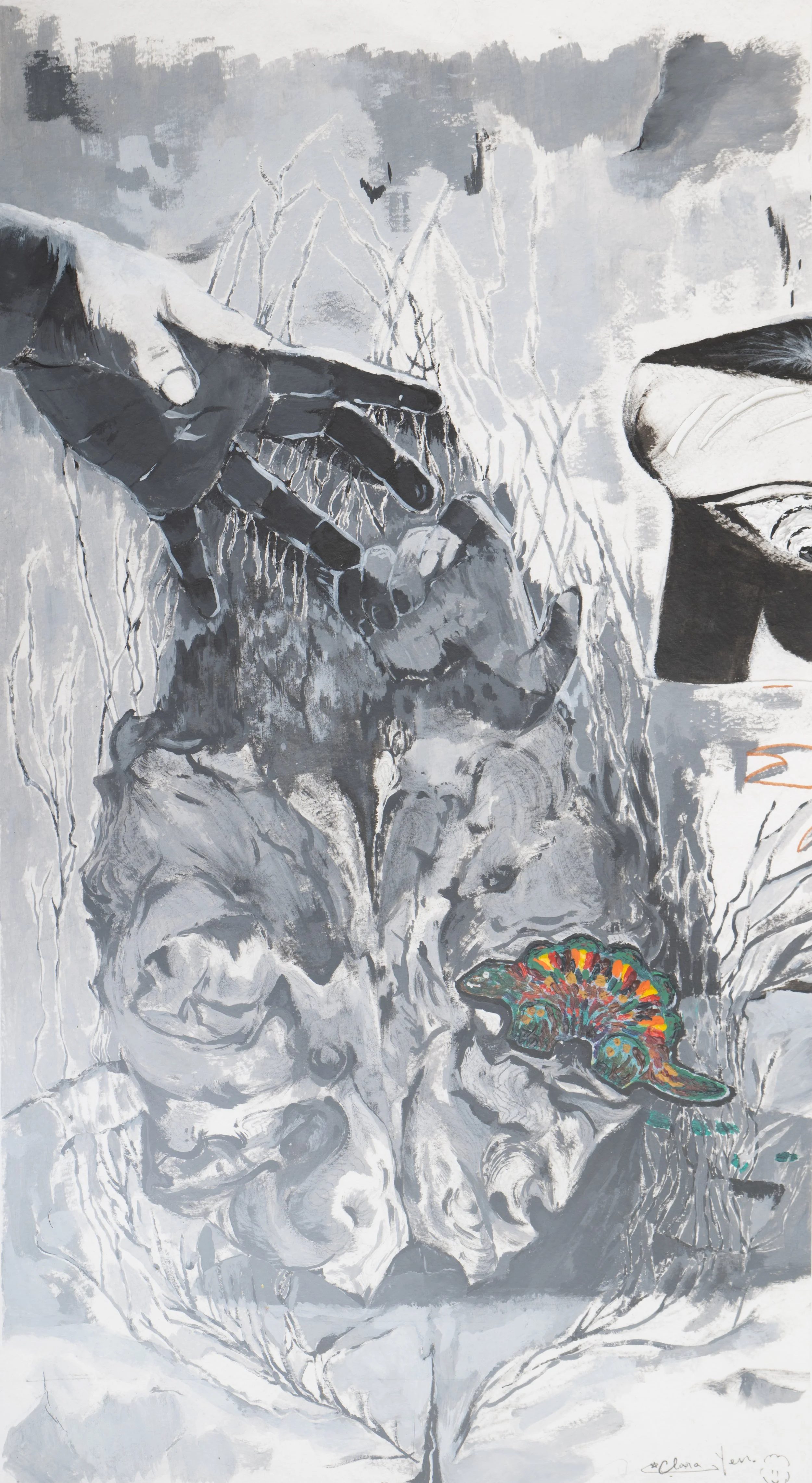 A black, white, and gray monochrome painting with a hand reaching out to an achromatic face and a colorful dinosaur on a leaf.