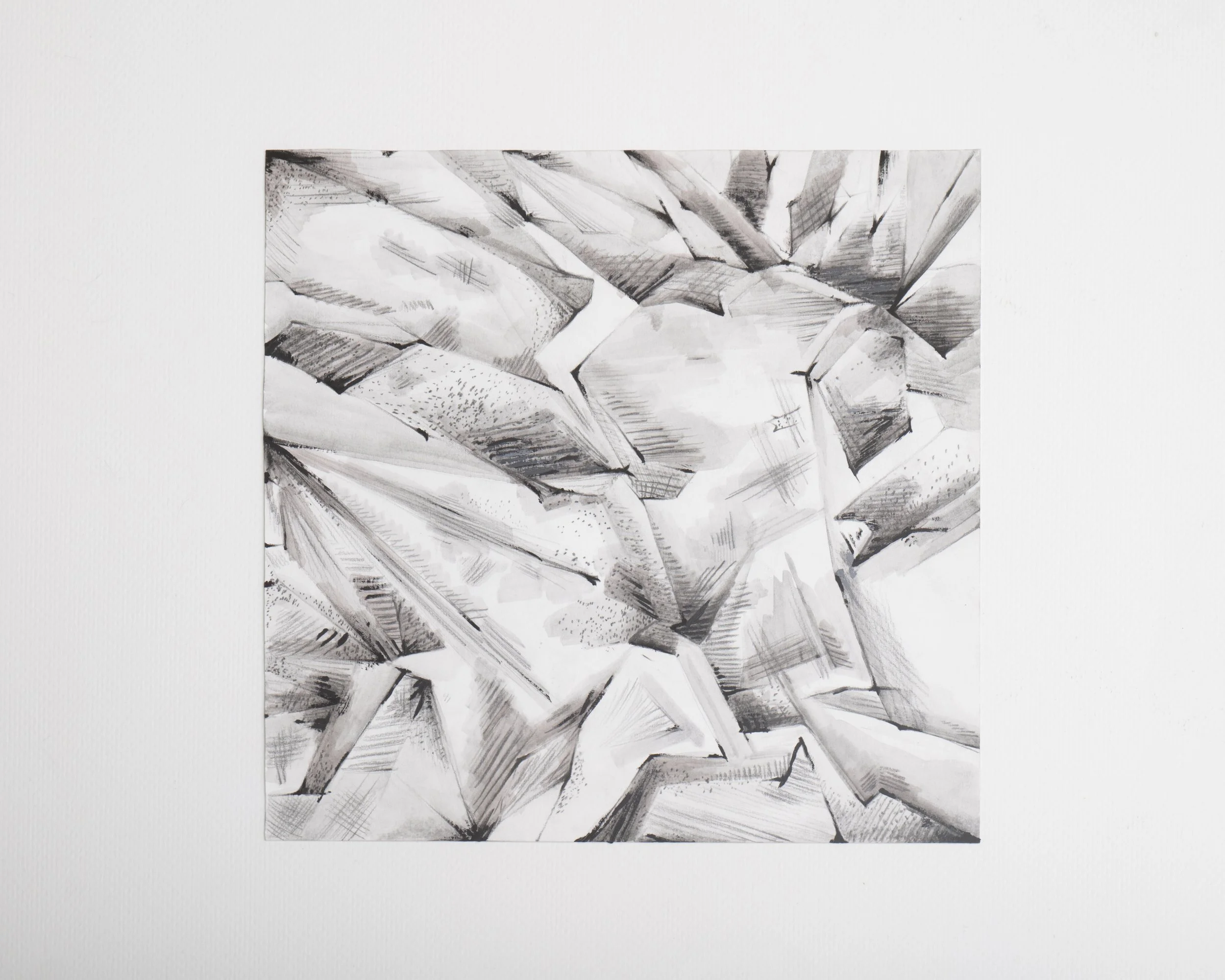 Abstract black and white drawing of jagged, angular shapes