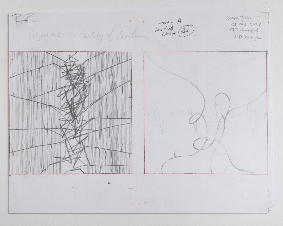 Hand-drawn sketches on paper, with two separate designs enclosed in red borders. The left sketch appears to be an abstract, tangled line pattern, while the right sketch shows a flowing, organic line design, possibly representing a natural form or motif.