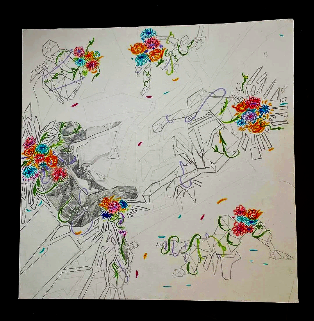 Colorful floral drawings and confetti on white paper.