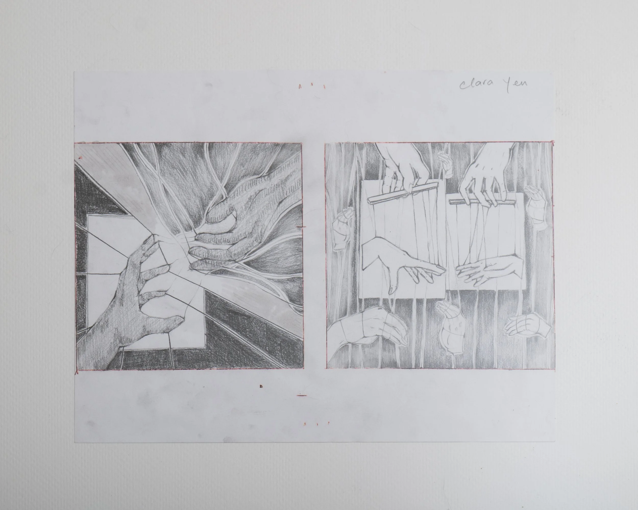 Sketch of hands creating and manipulating strings and paper figures.