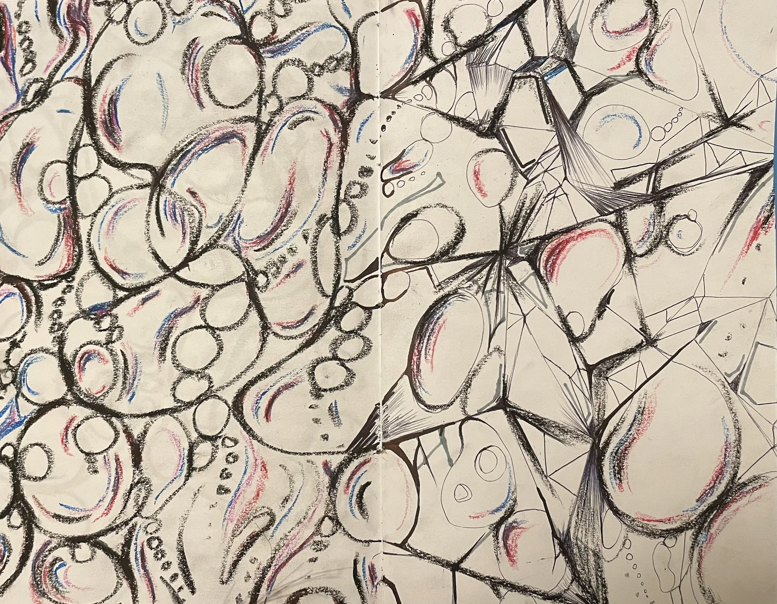 A sketch of a web of interconnected circles and lines, with some colored accents of red and blue on a beige background.
