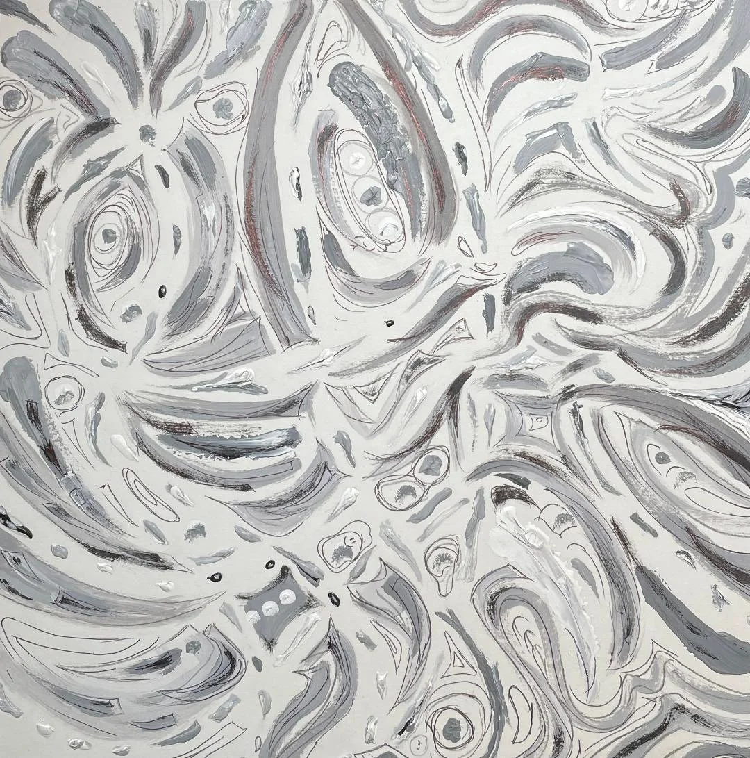 Abstract black, gray, and white swirling patterns and shapes.