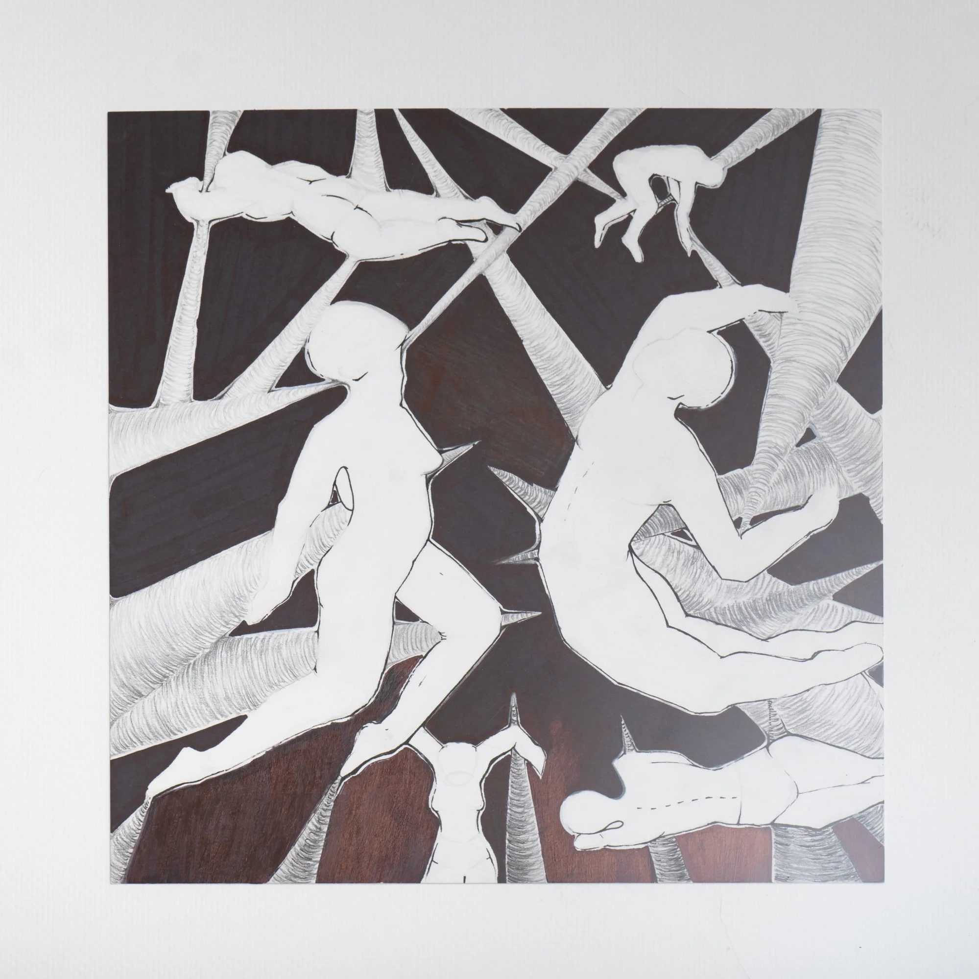 Abstract artwork depicting multiple human figures in various poses, intertwined with tree branches and limbs, with black and white contrasting tones.