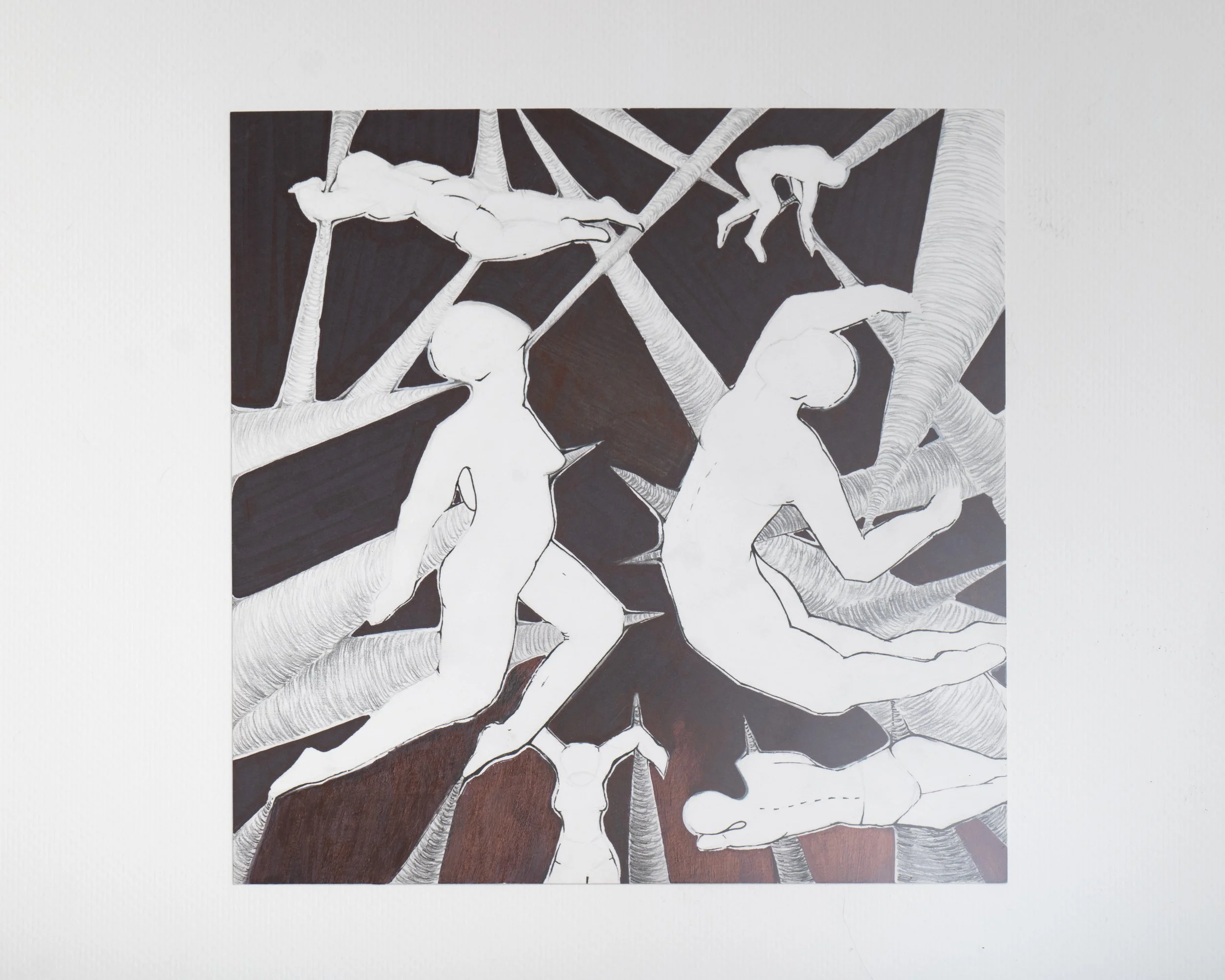 A monochrome drawing of several human figures intertwined with tree branches, some figures appear to be climbing or hanging from the branches while others are seated or standing, with a dark background.