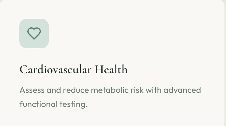 A digital health app screen with a green heart icon and text about cardiovascular health, assessing and reducing metabolic risk with advanced testing.