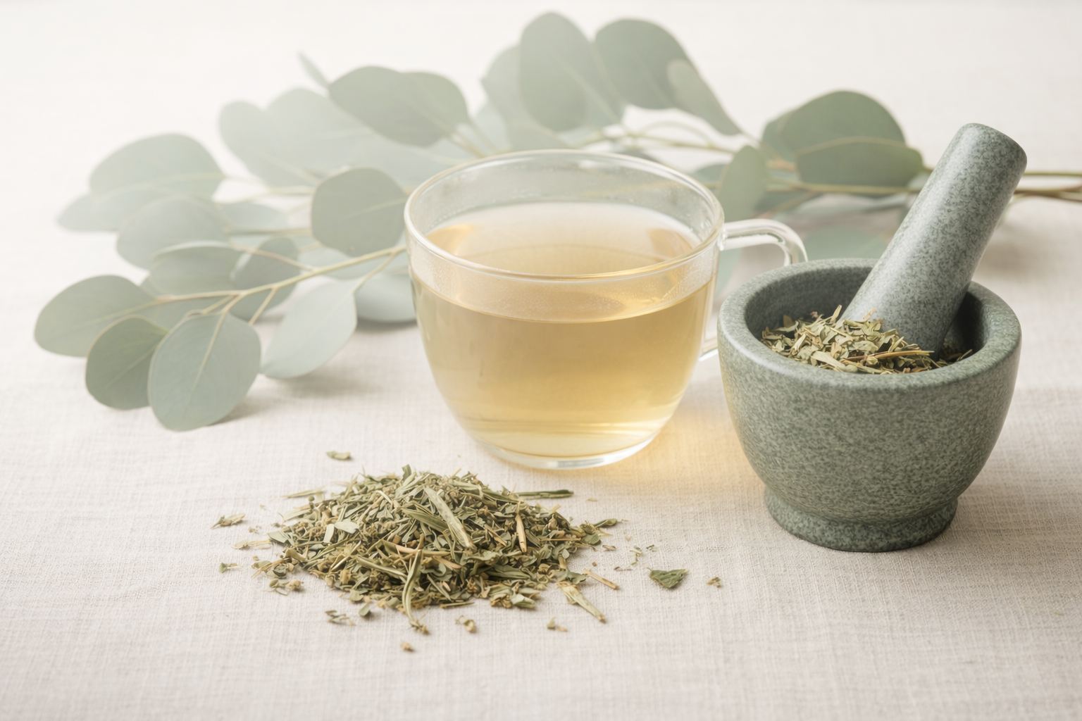 A glass cup of herbal tea, a mortar and pestle with dried herbs, and fresh eucalyptus leaves on a white surface.