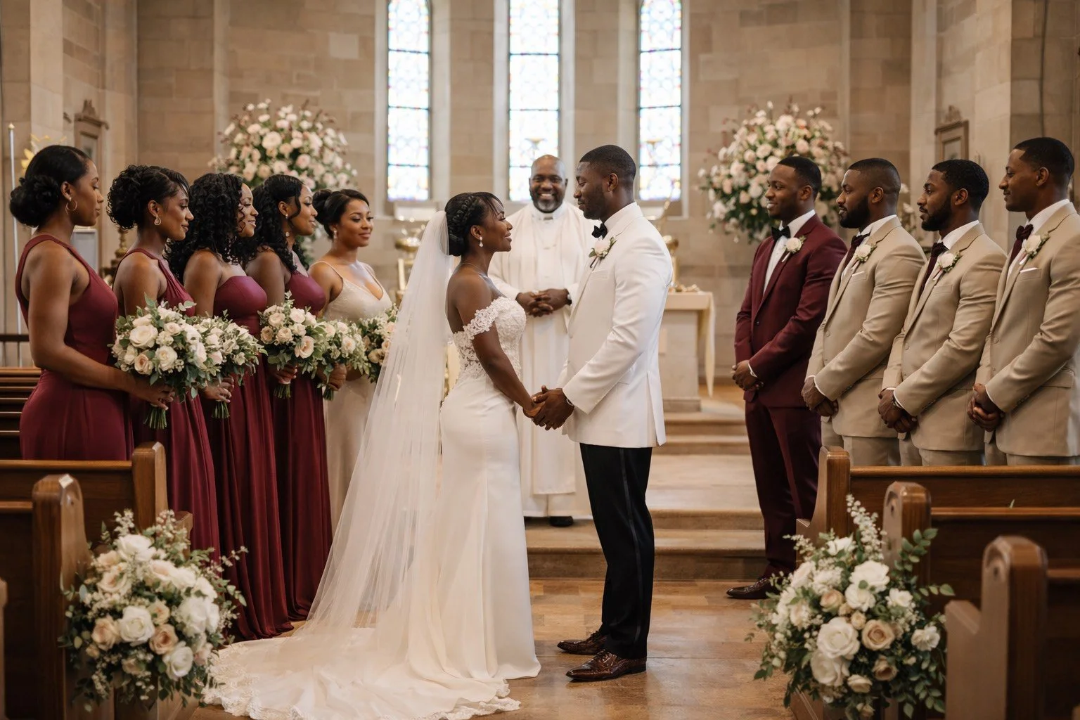 A wedding ceremony taking place in a church with the bride and groom holding hands and facing each other, surrounded by bridesmaids and groomsmen, with a priest officiating in the background.
