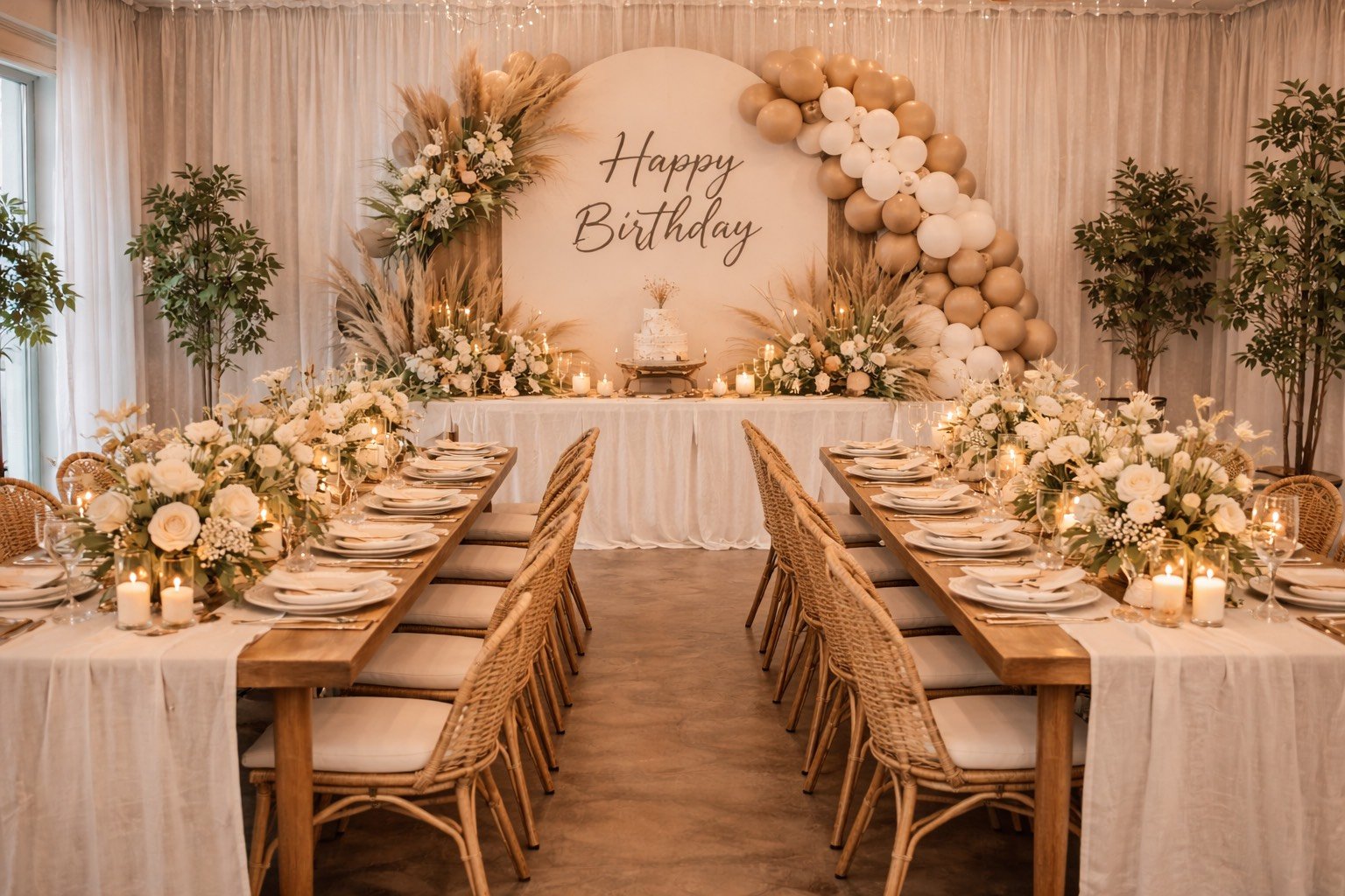 Decorated banquet hall with long wooden tables, floral centerpieces, lit candles, and a birthday cake on a table in front of a backdrop with balloons and a