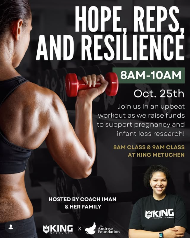 Fitness fundraising event titled “Hope, Reps, and Resilience” supporting pregnancy and infant loss research for The Andreas Foundation.