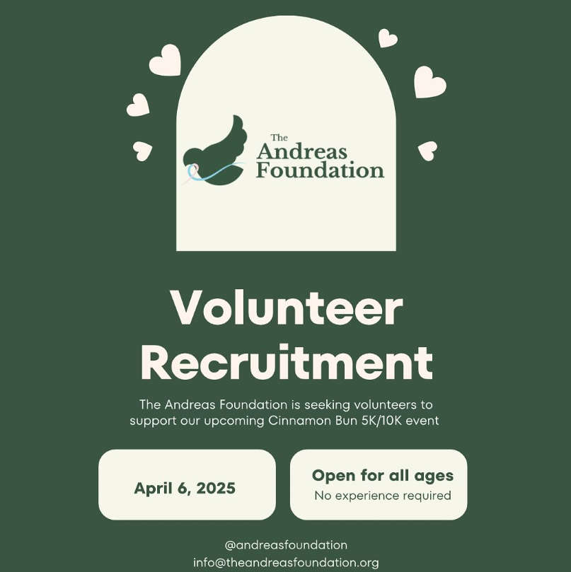 Volunteer recruitment graphic for The Andreas Foundation’s Cinnamon Bun 5K and 10K event in April 2025.