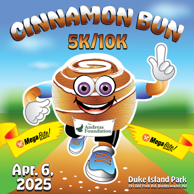 Promotional graphic for the Cinnamon Bun 5K and 10K race benefiting The Andreas Foundation at Duke Island Park in 2025.