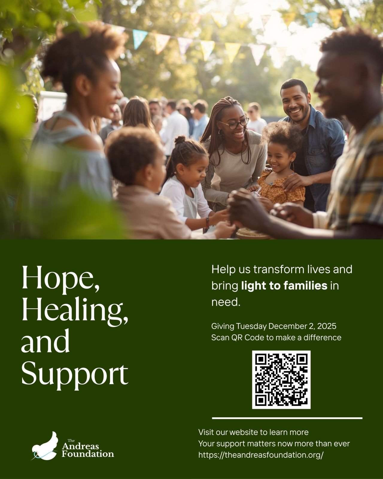 Giving Tuesday campaign graphic for The Andreas Foundation encouraging donations to support families in need.