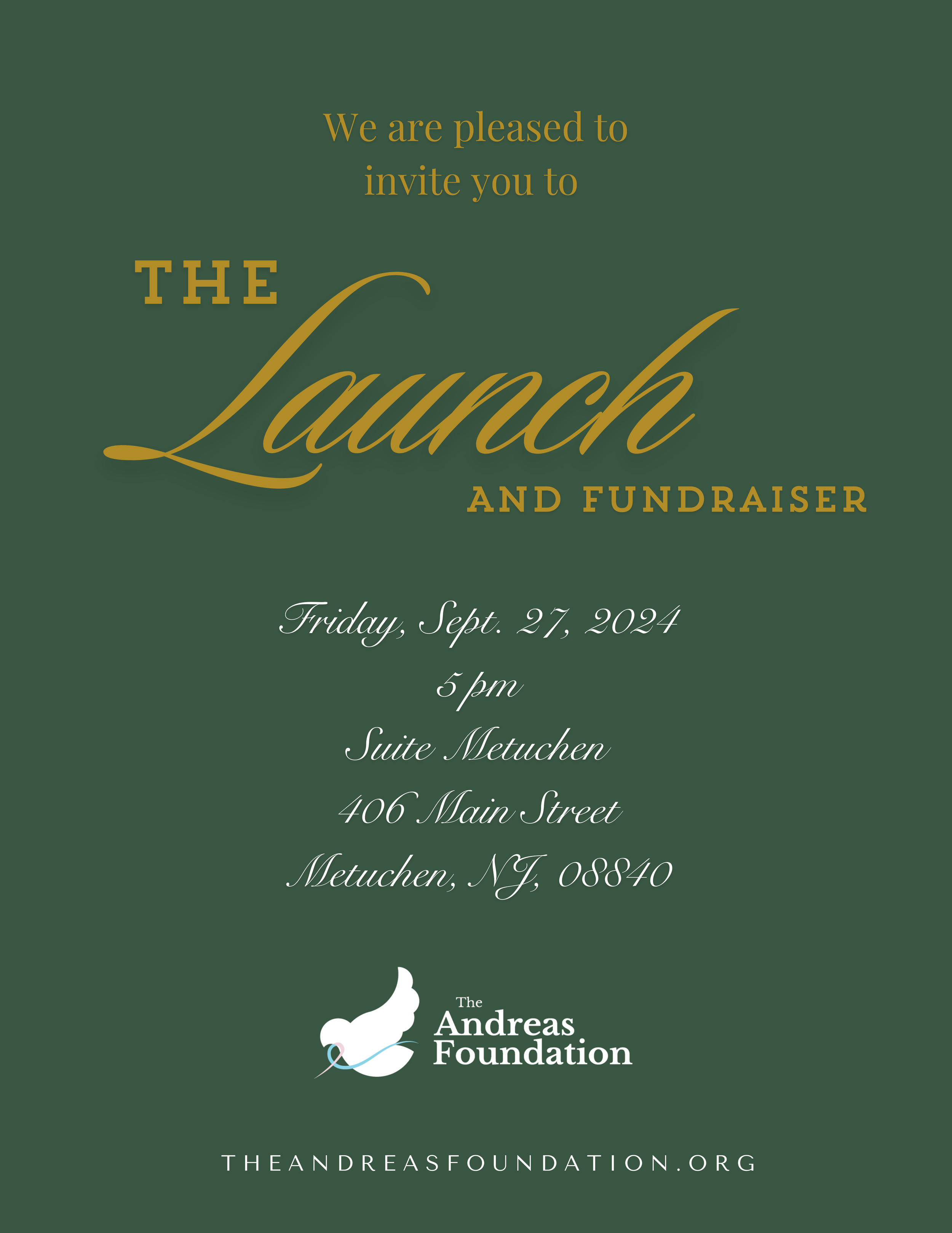 Invitation graphic for The Launch fundraiser hosted by The Andreas Foundation in Metuchen, New Jersey, September 2024.