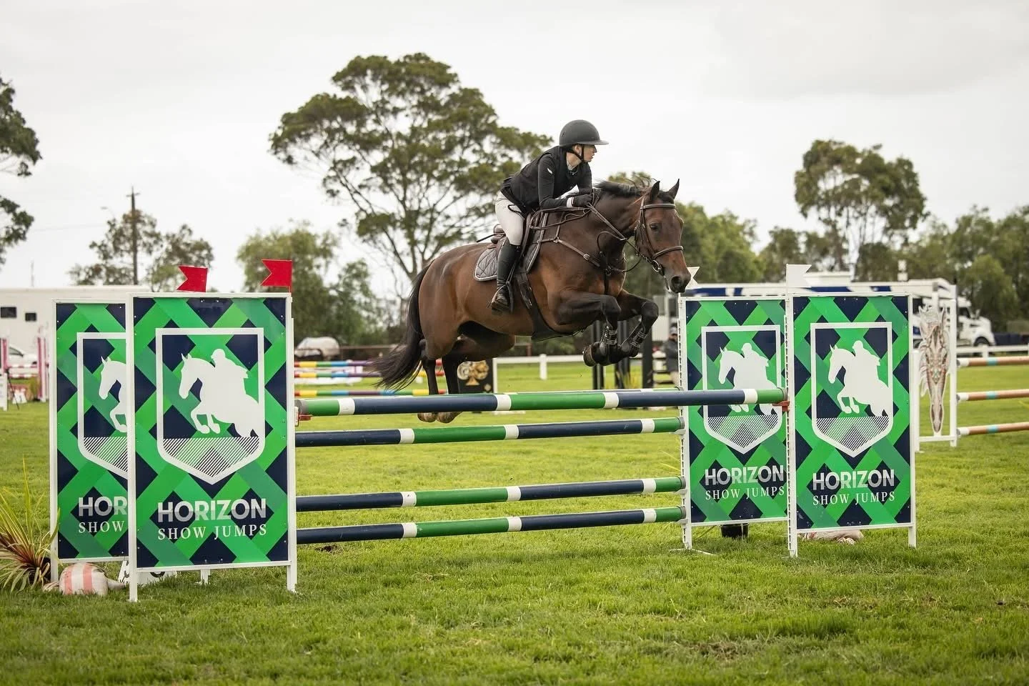 A rider and horse jumping over an obstacle during a show jumping event, with banners reading 'Horizon Show Jumps' in the background.