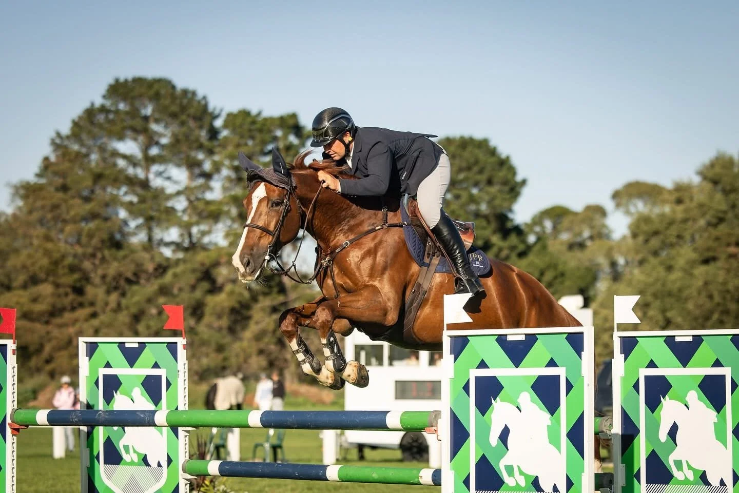 Horse and rider jumping over a colorful obstacle in an equestrian show jumping competition.