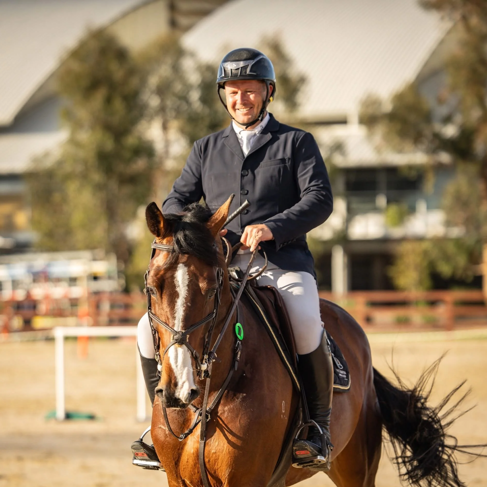 A man wearing a black helmet, black jacket, and beige riding pants is riding a brown horse with a white stripe on its face on a sunny day. The background shows trees and buildings.