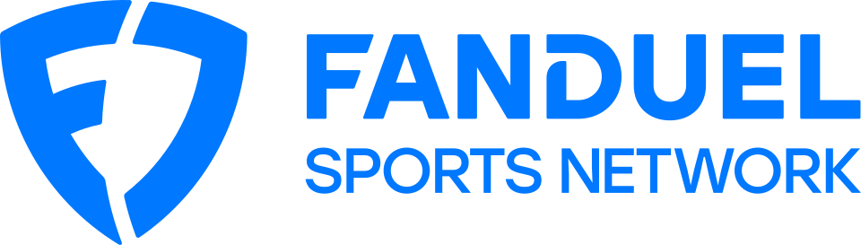 Fanduel Sports Network logo with a blue shield and lightning bolt, and text in blue.