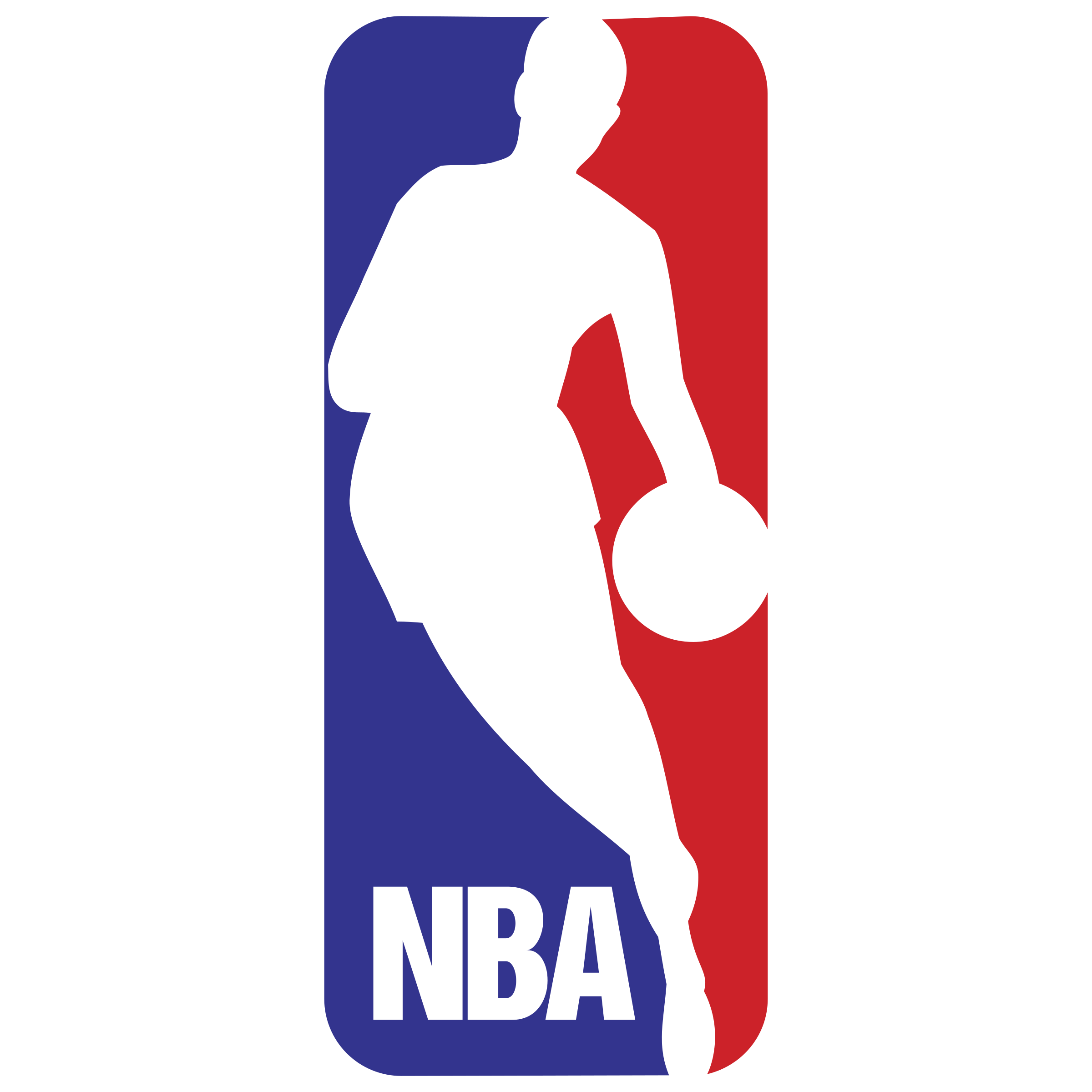 NBA logo featuring a silhouette of a basketball player dribbling, with blue and red background colors.