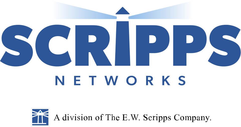 Logo for Scripps Networks featuring stylized text and a blue lighthouse-like symbol above the word Scripps.