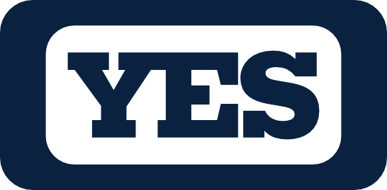 YES logo with white text inside a black rectangle, surrounded by a dark blue rounded border.