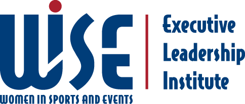 Logo of WISE Women's in Sports and Events, featuring large blue letters 'WISE' with red dot over the 'I', and the words 'Executive Leadership Institute' to the right, in blue text.