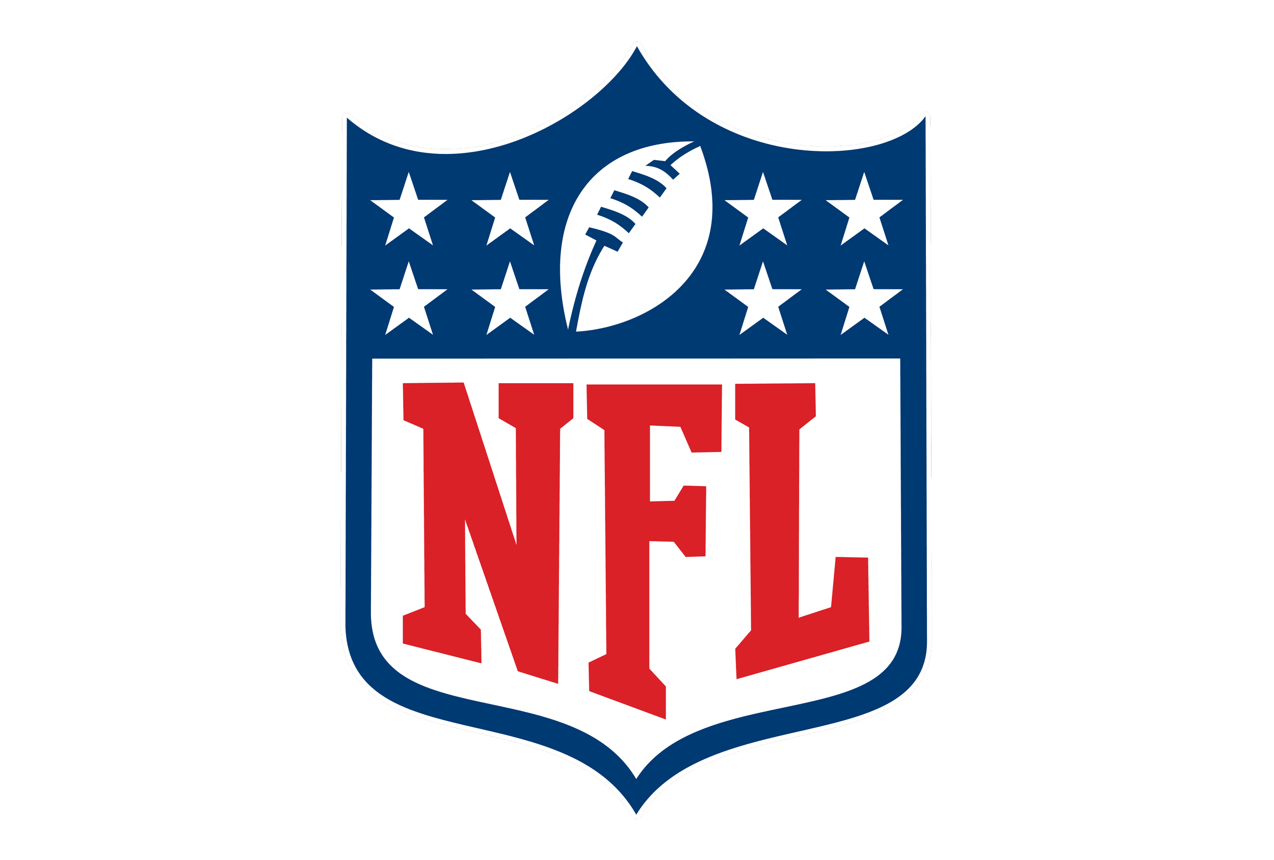 NFL shield logo with a blue top section containing a white football with black laces and a series of white stars, and a white bottom section with red letters spelling 'NFL'.