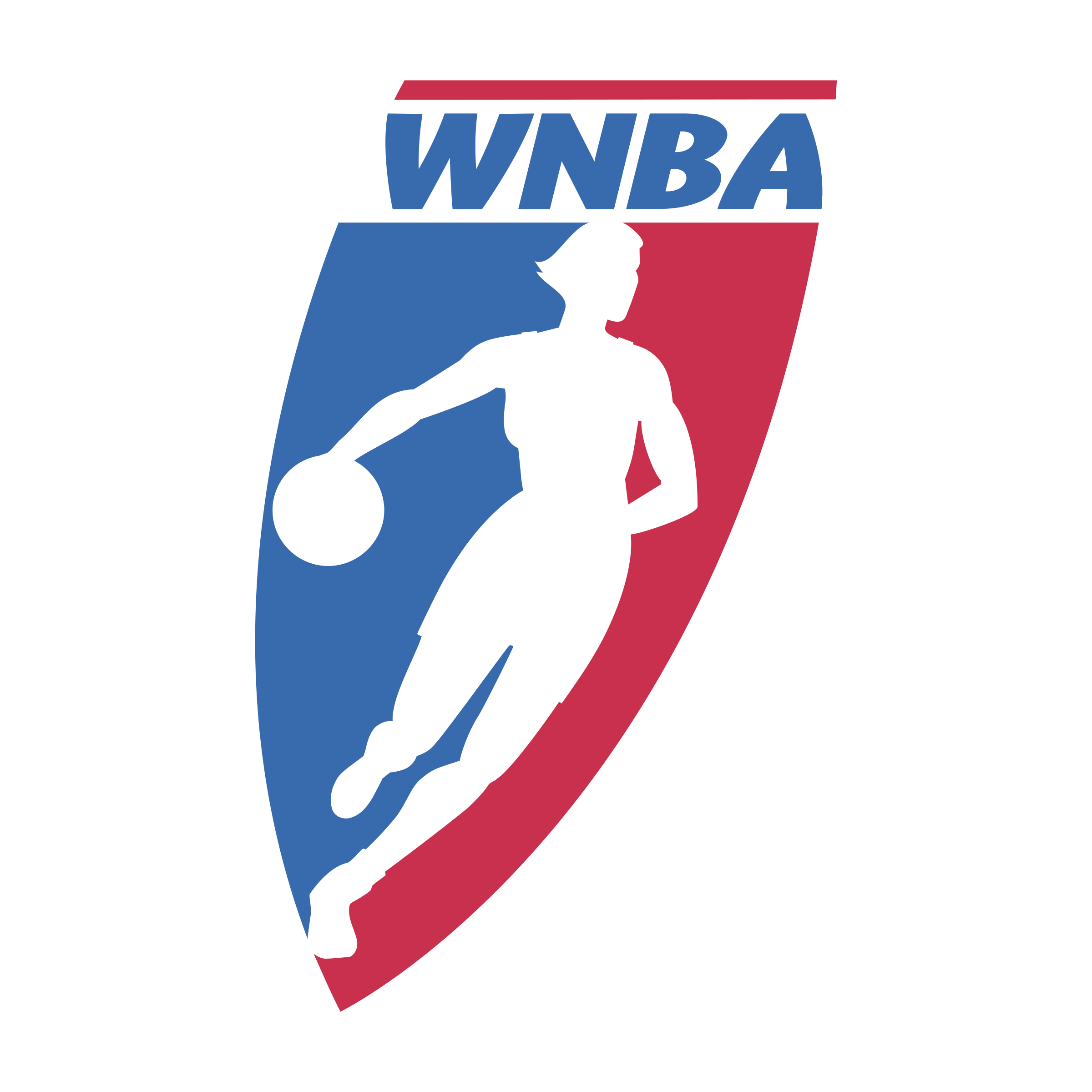 WNBA logo featuring a silhouette of a female basketball player dribbling, with blue and red background and the text 'WNBA' at the top.