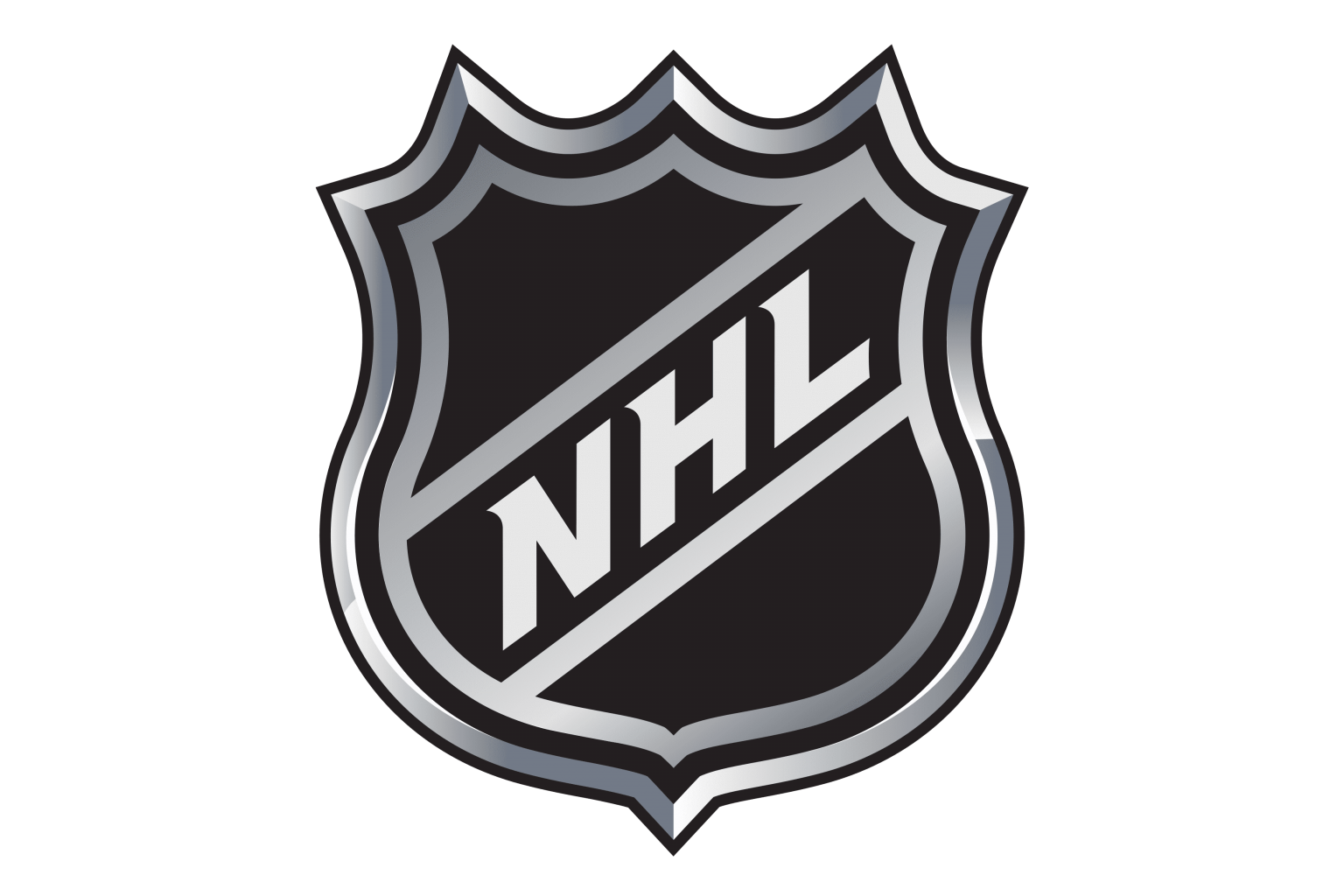 NHL logo featuring a shield with a diagonal line and the letters 'NHL' in white on a black background.