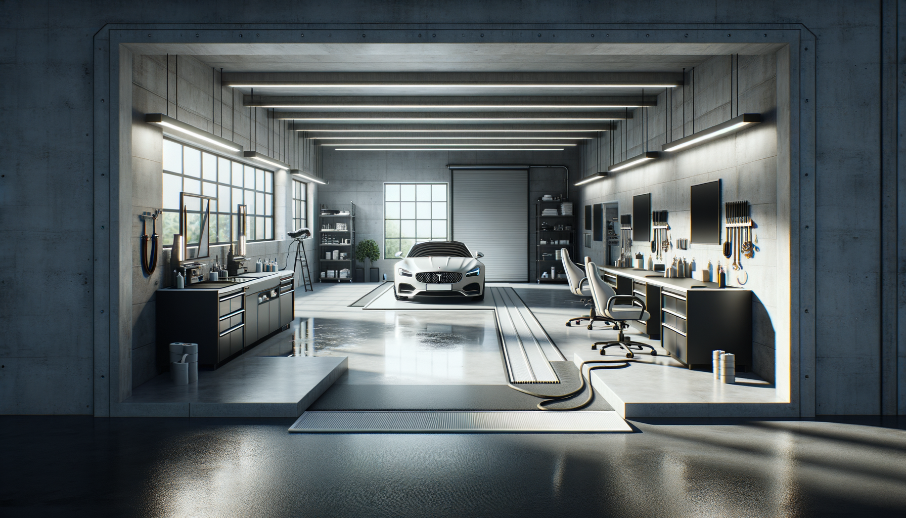 A modern, industrial-style garage with a luxury white sports car parked in the center. The garage has concrete walls, large windows, and sleek lighting fixtures hanging from the ceiling. There are workbenches with tools, chairs, and shelving units along the walls.