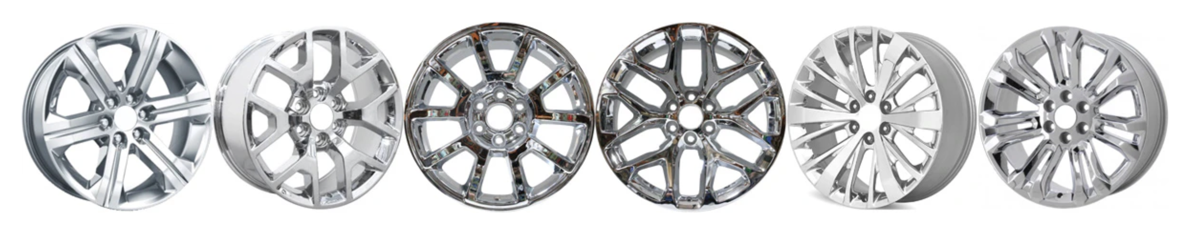 Six different shiny alloy wheels for vehicles displayed in a row.
