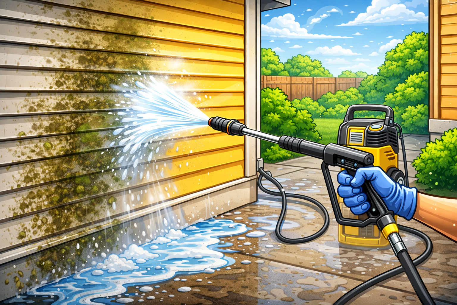 A person wearing a blue glove using a pressure washer to clean the yellow siding of a house outside, with water spray and soap on the wall.