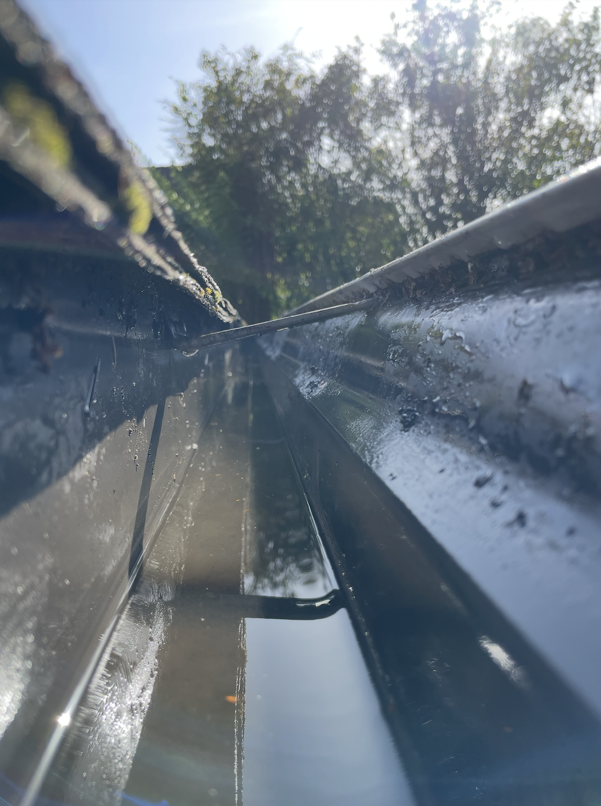 Close-up of black shiny gutters with sunlight and trees in the background.