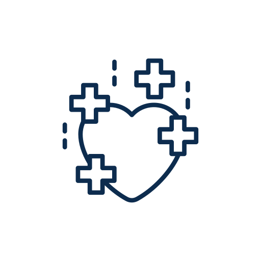 Outline of a heart with five plus signs around it, representing healthcare or medical care.