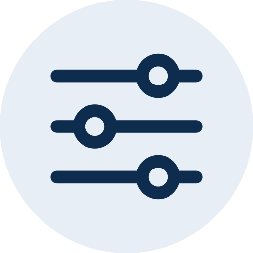 Icon of three horizontal slider controls in dark blue on a light blue circular background.