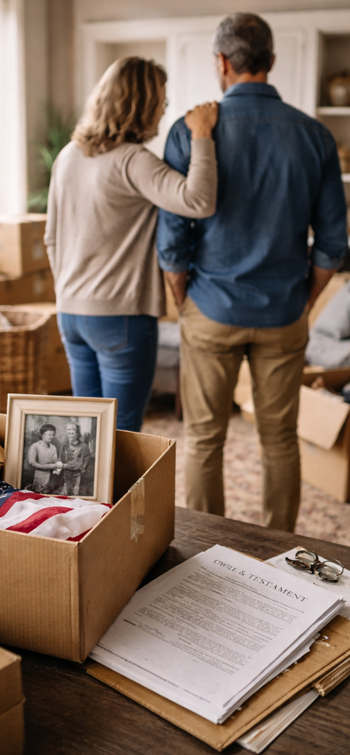 An elderly couple with gray hair, standing close together in a cozy living room, with one person's hand on the other's shoulder, capturing a tender moment.