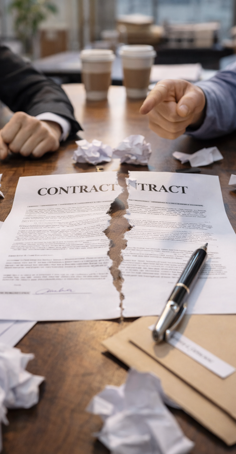 A torn contract on a wooden table with crumpled pieces of paper around it, two men in suits arguing, with coffee cups in the background.