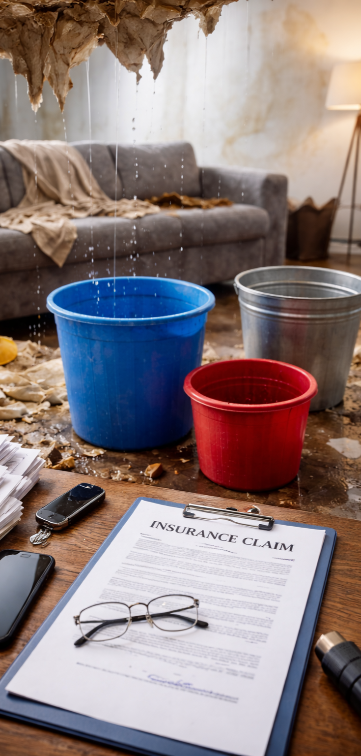 Room with ceiling collapse causing water damage, with buckets catching drips. Desk with insurance claim document, glasses, phones, and other items.