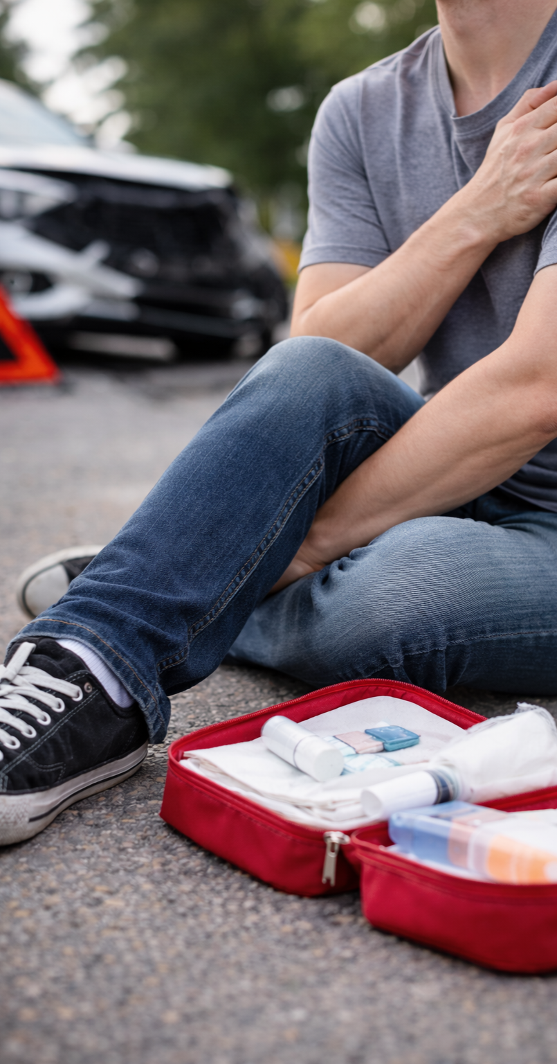 A person sitting on the road after a car accident with medical supplies in a red first aid kit nearby.