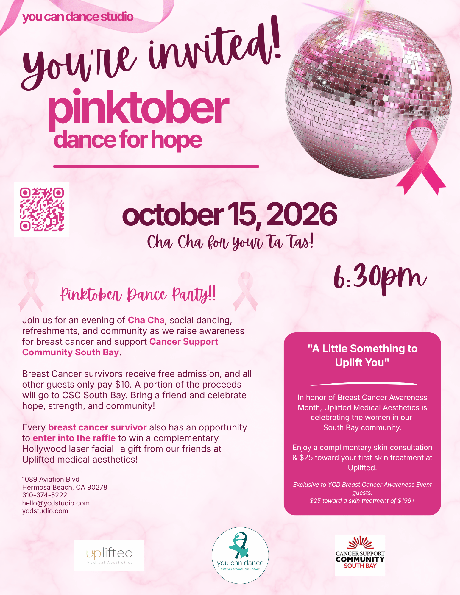 Flyer for Breast Cancer Awareness fundraiser at YCD Studio. Cha Cha lesson, raffle, free admission for survivors, and $10 for everyone else. October 15th, 2026  6:30pm