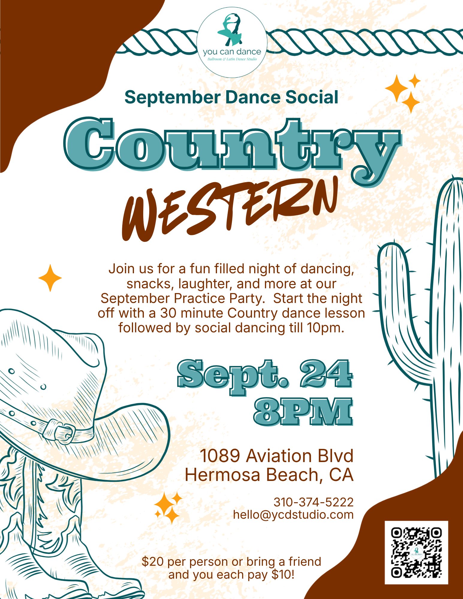 flyer for a dance studio social on September 24, 2026 featuring a 30 min country line dance lesson.
