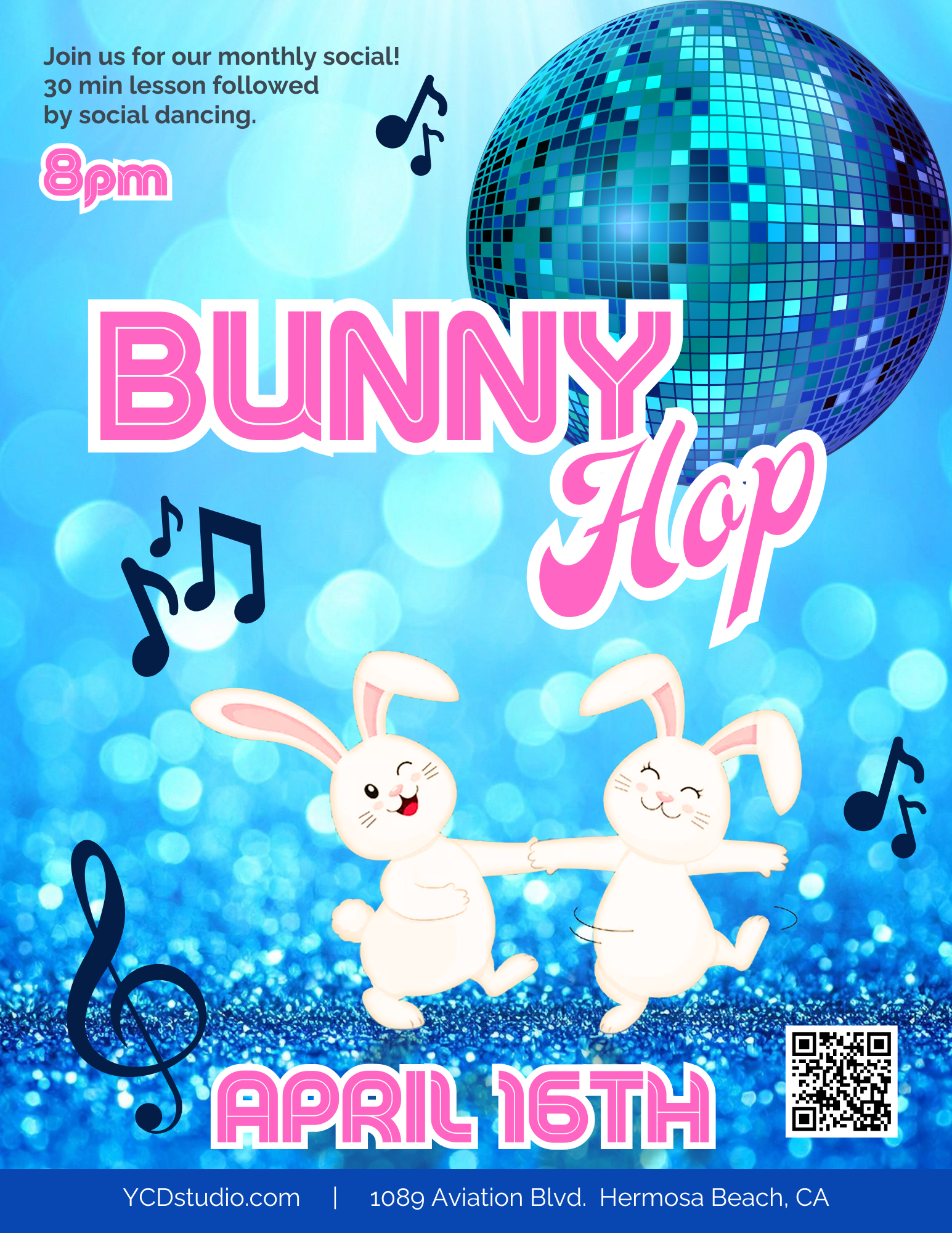 Flyer for YCD Studio’s Bunny Hop April Social dance event in Hermosa Beach