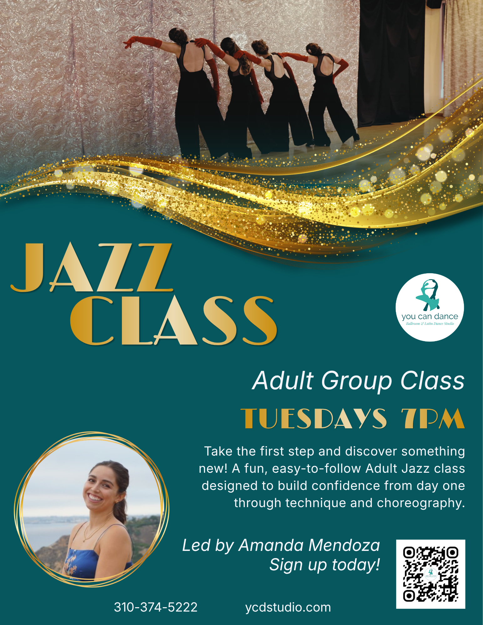 Flyer for an adult Jazz group class with teacher Amanda Mendoza.