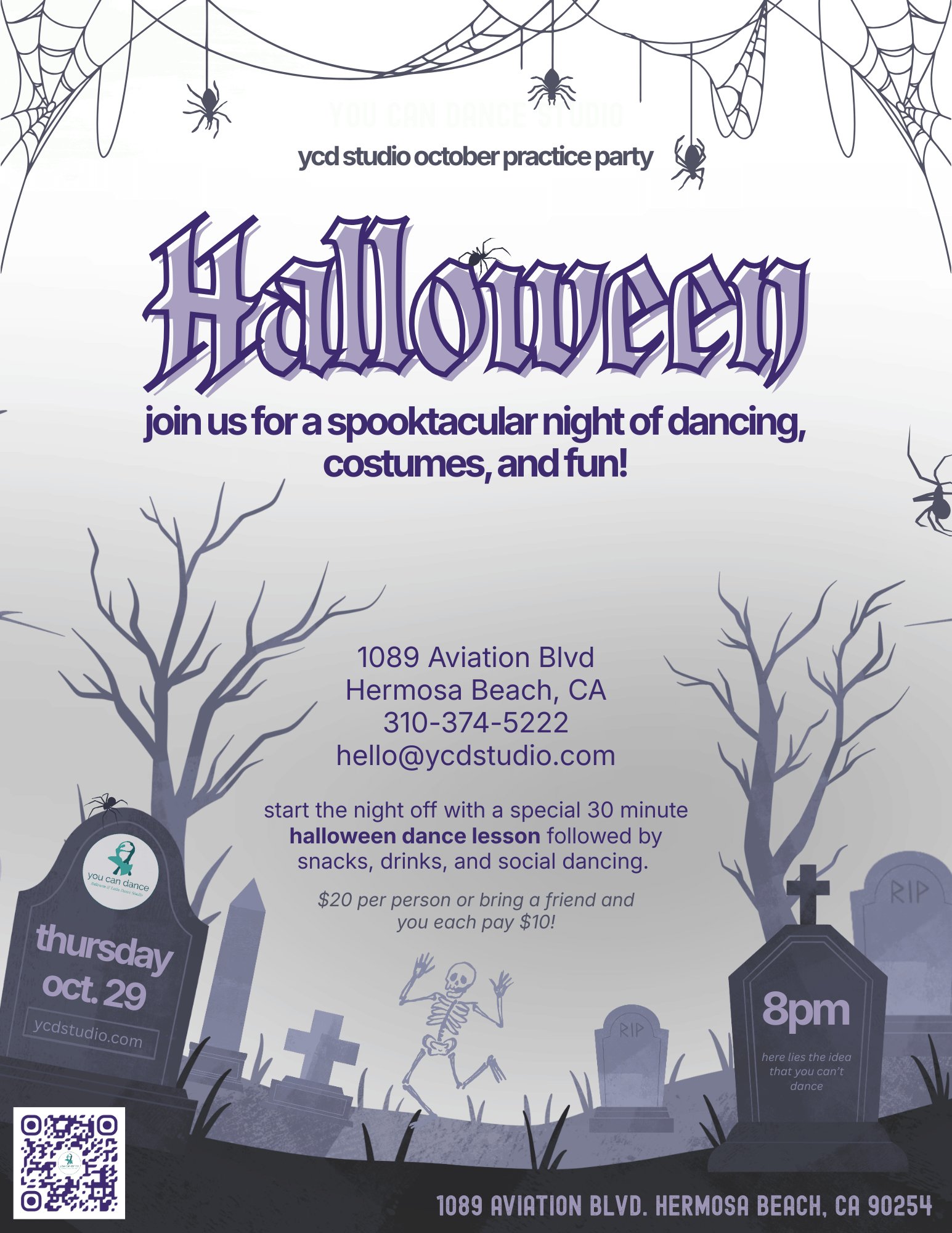 October practice party flyer.  Halloween theme with spiders and a skeleton running through a cemetery. 30 minute dance lesson followed by socializing, bring a friend and only pay $10 each.