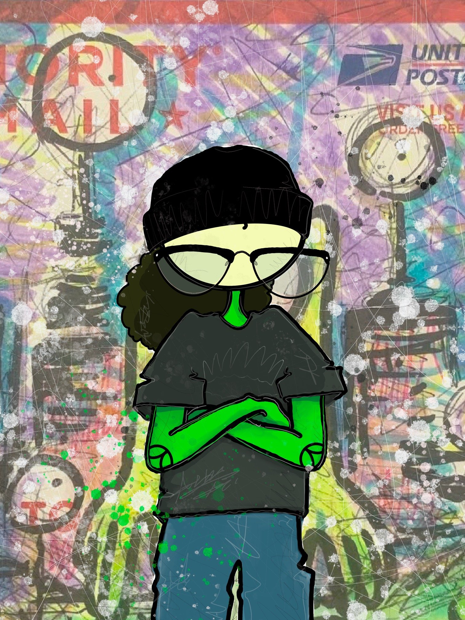 A digital illustration of a person wearing glasses, a beanie, a jacket, and green pants, standing with crossed arms in front of a colorful graffiti background with abstract splashes and spray paint marks.