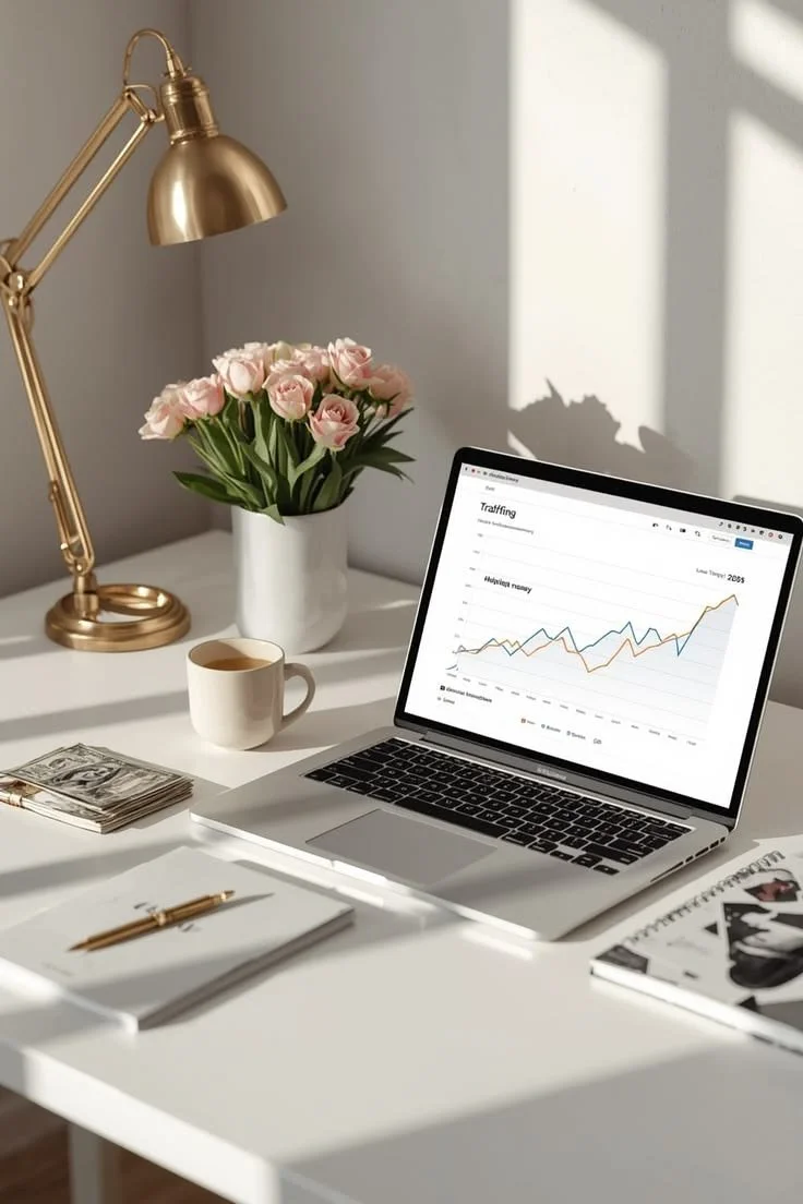 A tidy workspace with a laptop displaying a traffic analytics graph, a white mug filled with coffee, a stack of dollar bills, a gold desk lamp, a white notebook with a pen, and a vase of pink tulips.
