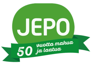 Vihreä logo, jossa teksti 'JEPO' ja sivuilla bannerit '50 vuotta makua ja laatua'.